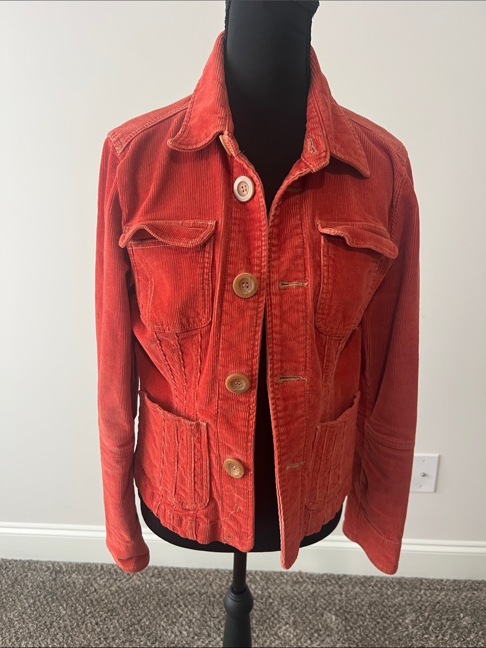 Tulle Corduroy Button-Front Jacket in Rust Orange